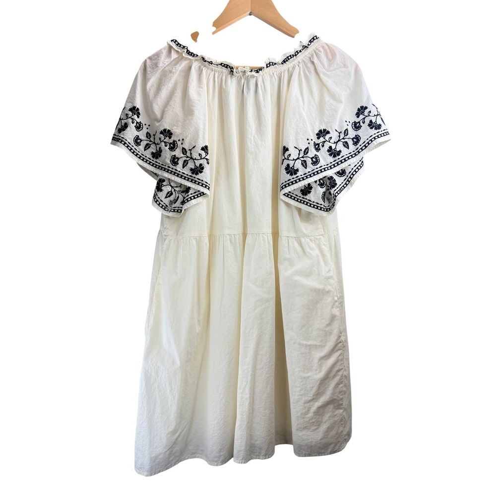 Old Navy Womens Cream Embroidered Boho Babydoll Mini Dress Black Floral Sz M - Picture 2 of 11